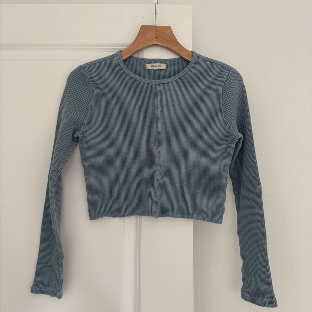 Madewell womenโs long-sleeve crewneck thermal waffle-knit crop shirt top SMALL